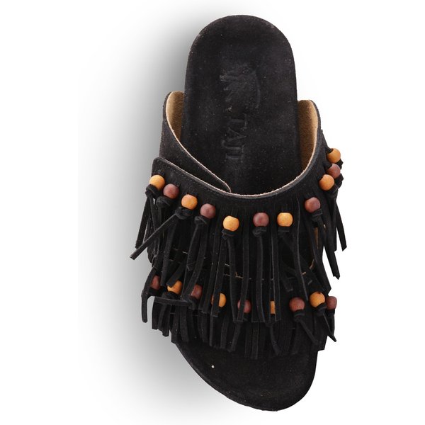 Taji Sandali Sabot Uomo in Suede Nero con Frange e Doppia Fascia