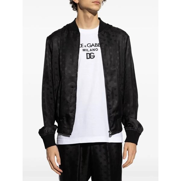 Dolce & Gabbana Giacca Bomber Nero in Satin con Logo Tonale