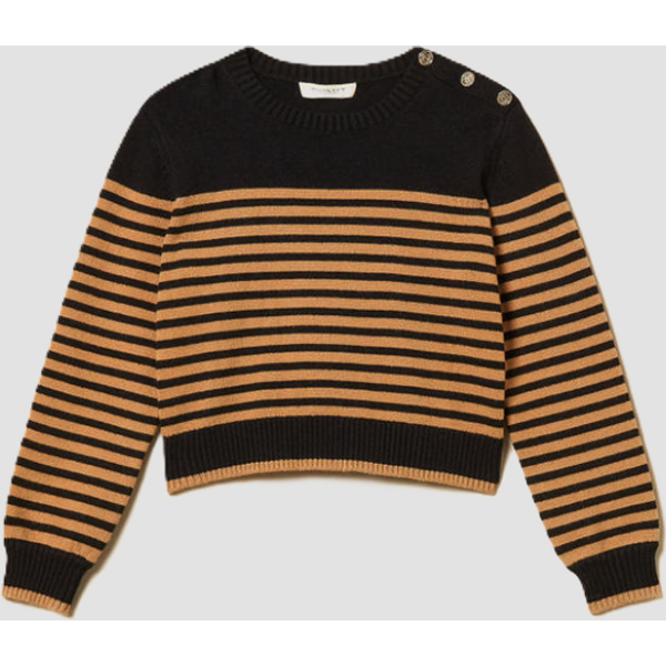 maglia a righe con bottoni spalla bambina nero-marrone