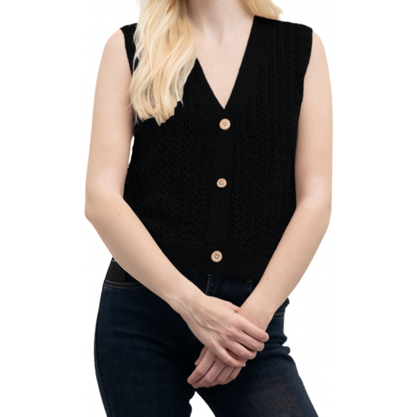 Goa Goa Cardigan Smanicato A Trecce Con Micropaillettes Modello Montini Con Scollo A V E Bottoni Nero-image