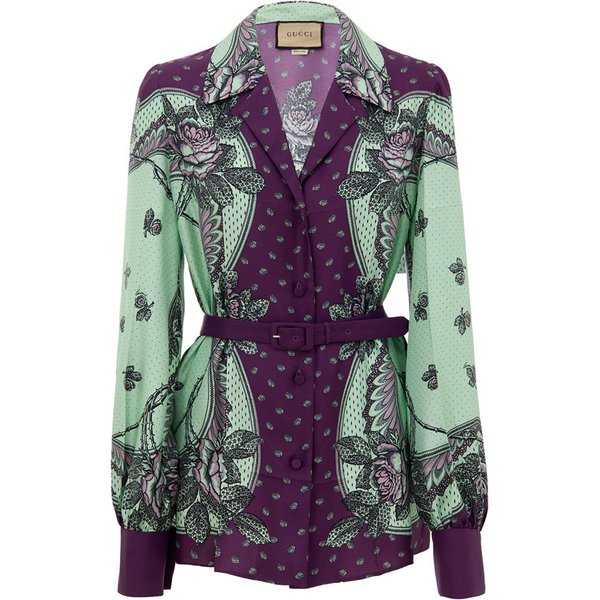 Camicia In Seta Con Stampa Verde Menta E Viola Gucci-image