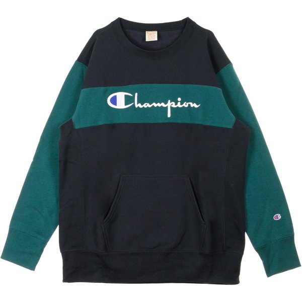 Felpa Girocollo Uomo Colour Block Kangaroo Pocket Reverse Weave Dark Blue/Green-image