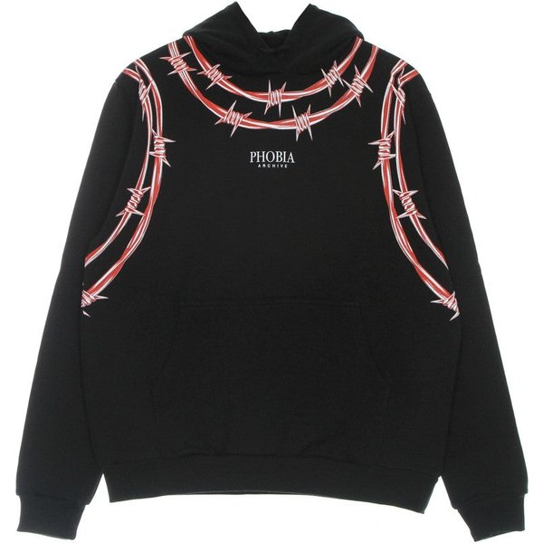 Felpa Leggera Cappuccio Uomo Barbed Wire Print Hoodie Black/Red-image
