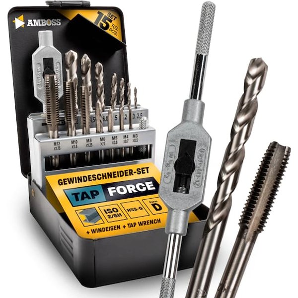 HSS Gewindeschneider Set M3-M12 mit Bohrern - Amboss Werkzeuge Tap Force - Komplettset für metrische Gewinde