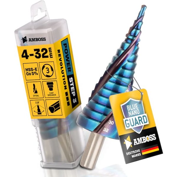 AMBOSS Stufenbohrer HSS-E Co 5% D:4-6-8-10-12-14-16-18-20-22-24-26-28-30-32mm TiAlSiN nano blue coating