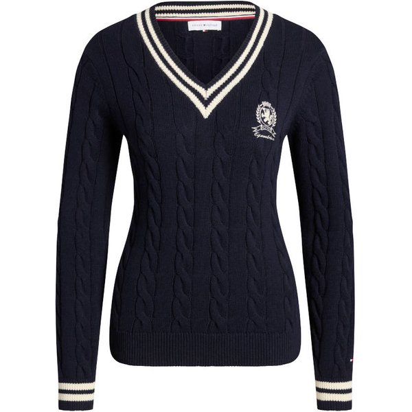 Tommy Hilfiger Equestrian Roseville Cable V-neck Pullover Damen - desert sky, Größe M
