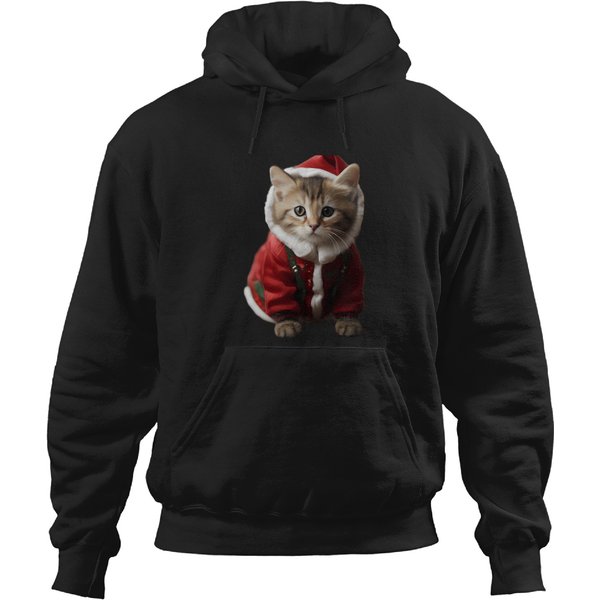 A Little Cat Wearing Papa Noel Hat In A Christmas Outfit Hoodies-image