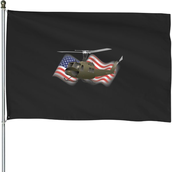 Uh-1 Huey Helicopter With American Flag House Flags-image