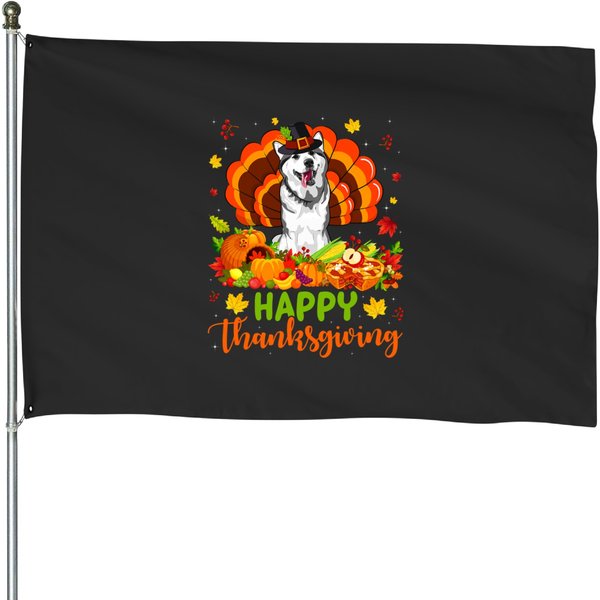 Thanksgiving Husky Dog Turkey House Flag-image