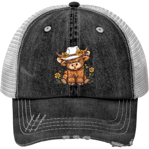 Scottish Cute Highland Cow Cattle Hairy Cow Flowers Women Print Trucker Hats