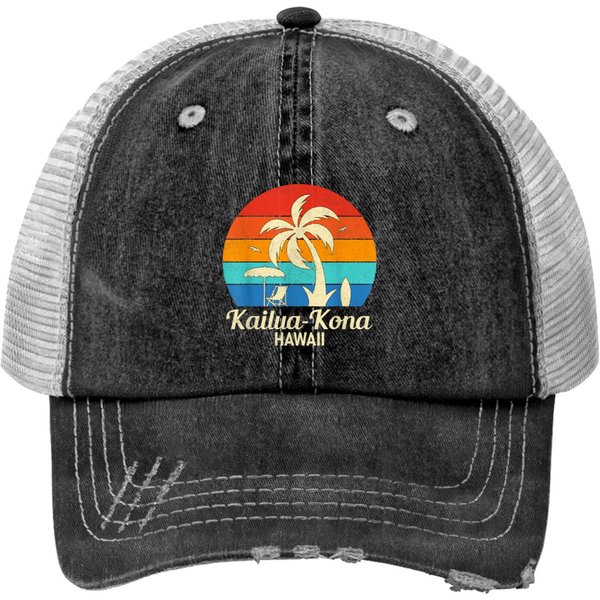 Kailua-Kona Beach Hawaii Vintage Sunset Tropical Summer Gift Print Trucker Hats-image