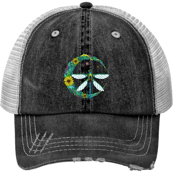 Dragonfly Boho Crescent Moon Peace Sign Hippie Dragonflies Print Trucker Hats-image