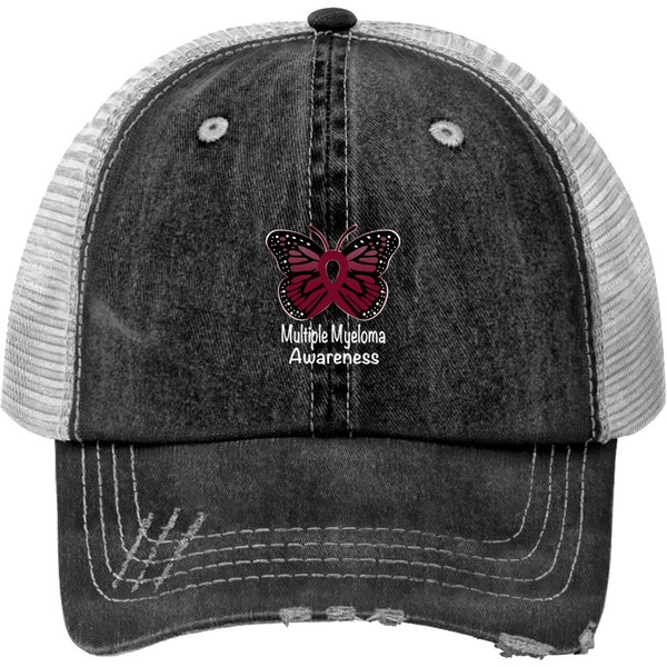 Multiple Myeloma Awareness Warrior Support Burgundy Ribbon Print Trucker Hats-image