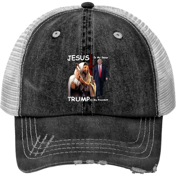 Jesus Is My Savior Trump Is My President Print Trucker Hats Black Trump 2024 Print Trucker Hats-image
