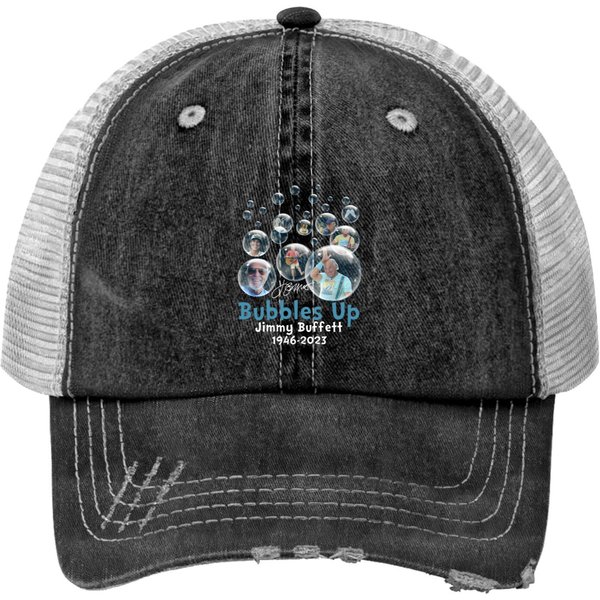 Rare Jimmy Buffett 1946 2023 Bubbles Up Thank You Memories Black Print Trucker Hats-image