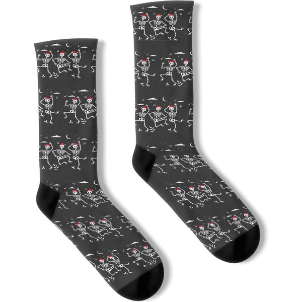 Dancing Skeletons With Xmas Santa Hats - Christmas Funny Socks