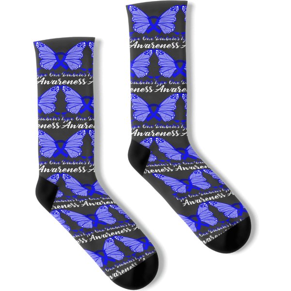 Type 1 Diabetess Awareness Butterfly Blue Ribbon T1D Diabetic Socks-image