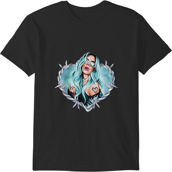 -Karol G-With Blue Hair Illustration With Bichota Words On The Background T-Shirts-image