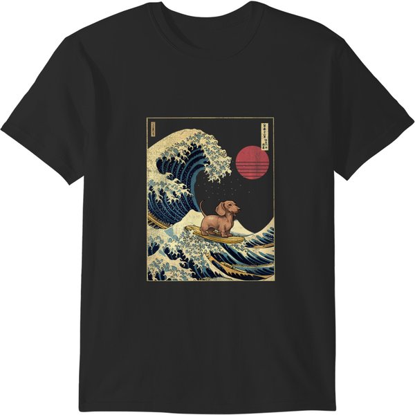 Dachshund Japanese Kanagawa Wave Funny Surf Dog T-Shirts-image