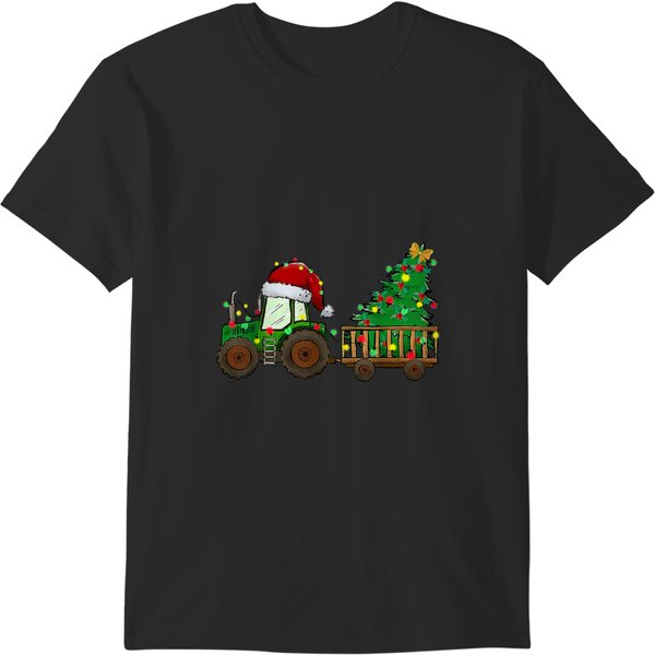 Tractor Driving Farm Tractor Christmas Lights Tree Santa Hat Funny Family T-Shirts-image