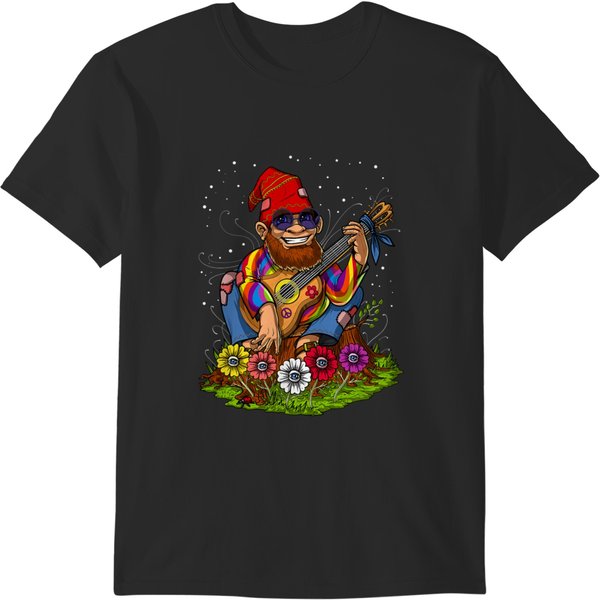 Guitarist Hippie Gnome Playing Acoustic Guitar Forest Guitar T-Shirts-image