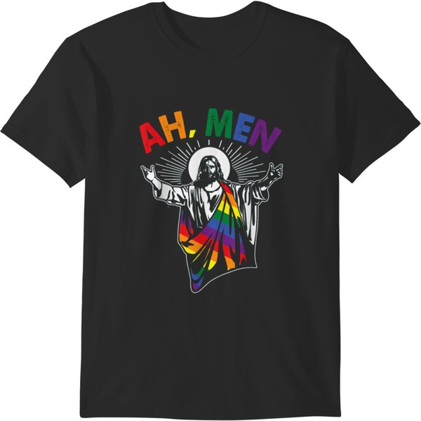 Ah Men Funny Lgbt Gay Pride Jesus Rainbow Flag Christian Short Sleeve Active T-Shirts-image