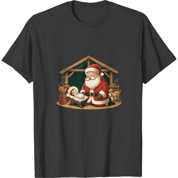 Christmas Design Kneeling Santa Claus With Baby Jesus T T-Shirts-image