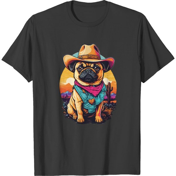 Cowboy Pug In Sunset, Western Cowboy Hat Dog T Shirts-image