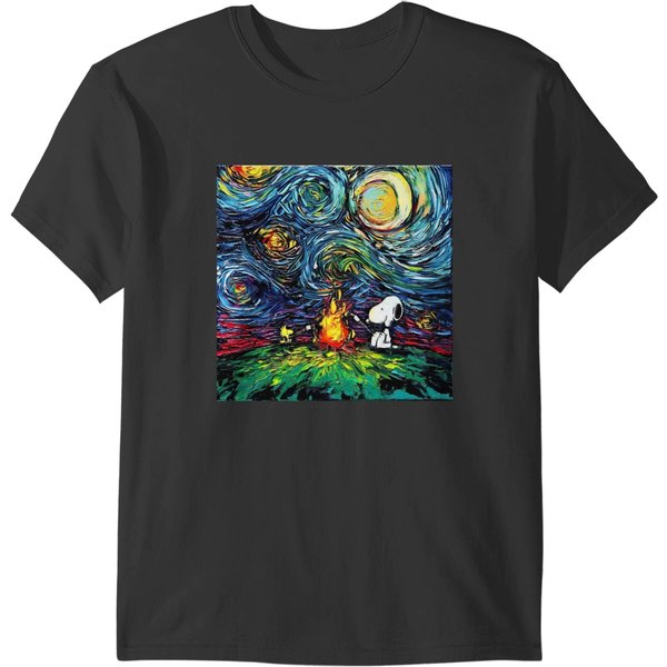 Snoopy Starry Night Print Van Gogh Parody T-Shirts-image