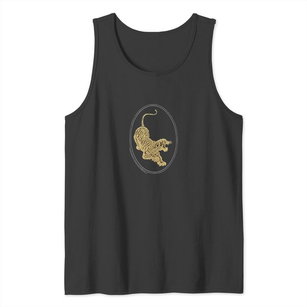 Jerry Garcia Tank Tops- Tiger Guitar Emblem, Gold Metallic Ink On A Black Tank Tops-image