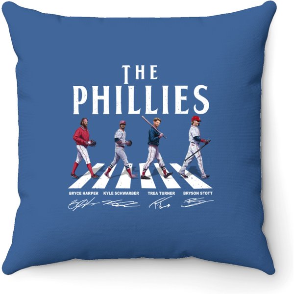 Vintage Phillies Walking Abbey Road Signatures Baseball Throw Pillows, Kyle Schwarber Throw Pillows-image