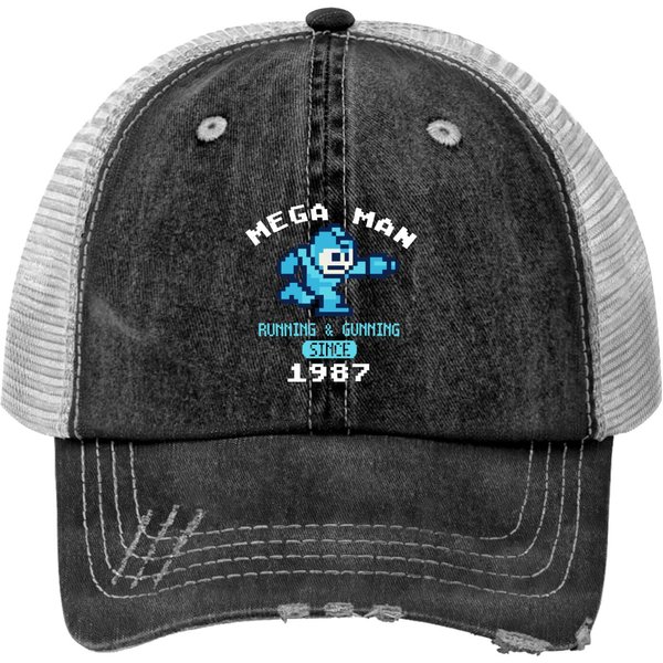 Men's Mega Man Running And Gunning Since 1987 Vintage Trucker Hats