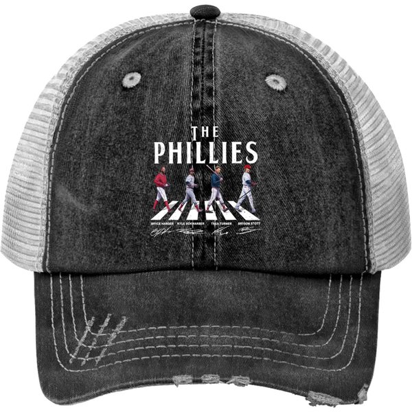 Vintage Phillies Walking Abbey Road Signatures Baseball Trucker Hats, Kyle Schwarber Trucker Hats-image