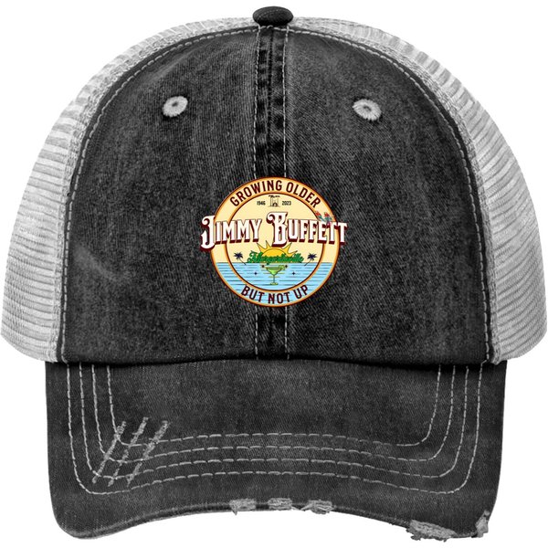 Jimmy Buffett Print Trucker Hats, Growing Older But Not Up, Jimmy 1946-2023-image