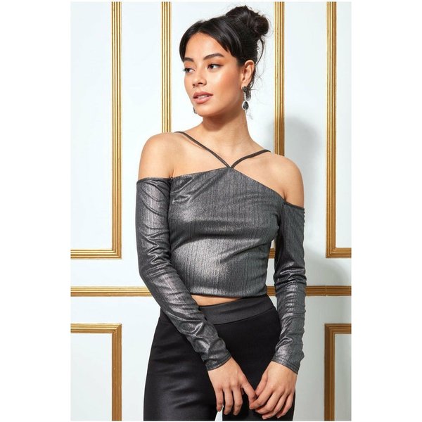 Goddiva Metallic Cut Out Crop Top - Dullsilver