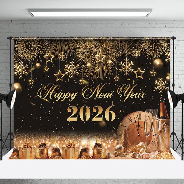Aperturee Happy New Year 2026 Backdrop with Gold Fireworks, Clock and Champagne, Black and Gold NYE Party Photo Booth Decor, 3x2ft (WxH)