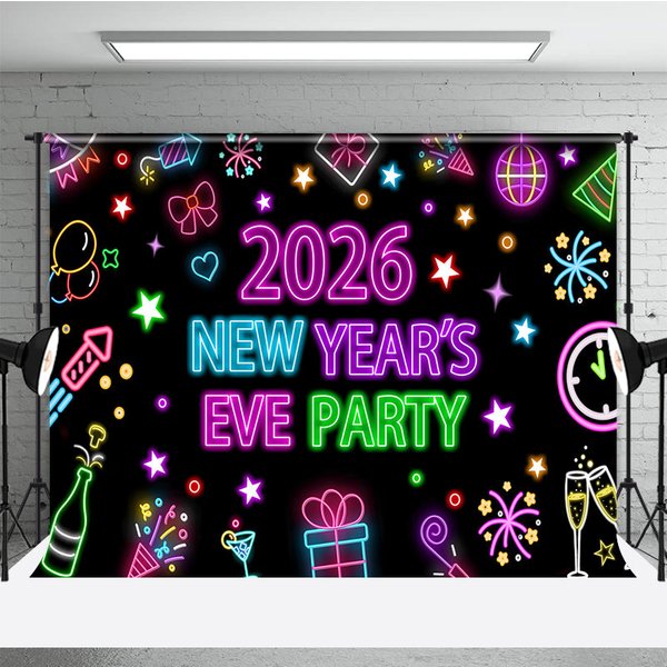 Aperturee 2026 New Year's Eve Party Backdrop, Colorful Neon Signs for Glow in the Dark, Retro 80s Disco NYE Decor, 3x2ft (WxH)