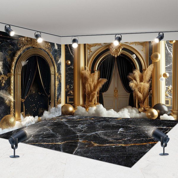 Aperturee Black Gold Marble Luxury Boho Palace Room Set Backdrop, 7 x 7 ft / 10 x 7 ft / 10 x 7 ft, 247.5 USD, room set backdrops