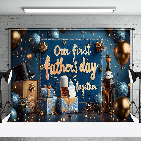 Aperturee Blue Gold Balloons Box Happy 1st Fathers Day Backdrop, 3X2FT(1MX0.6M), 14 USD, fathers day backdrops, AHF599A-M