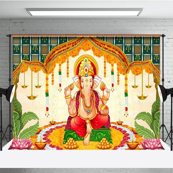 Aperturee Religious Elephant God Ganesh Chaturthi Backdrop, 3X2FT(1MX0.6M), 14 USD, commemorative backdrops, AHF608A-M
