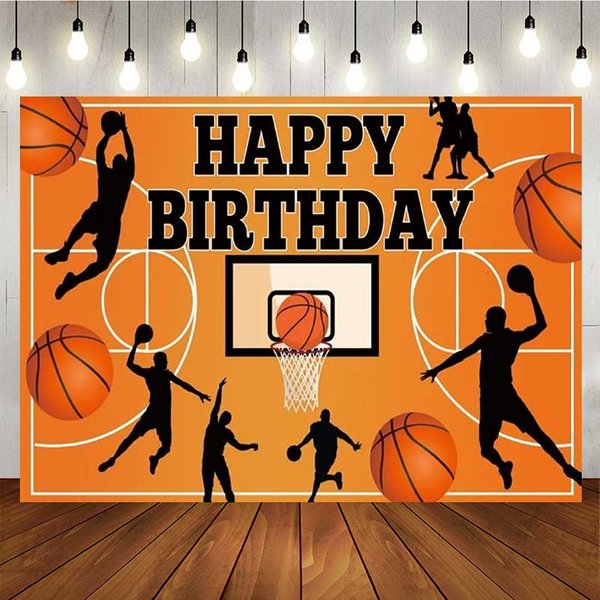 Aperturee Basketball Happy Birthday Backdrop for Boys, Orange Sports Court with Player Silhouettes, Slam Dunk Party Decor, 5x3