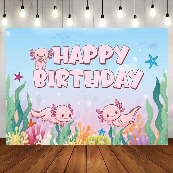 Aperturee Cute Axolotl Happy Birthday Backdrop for Kids, Under The Sea Party Banner, Pink Cartoon Animal Photo Prop Decor, 5x3