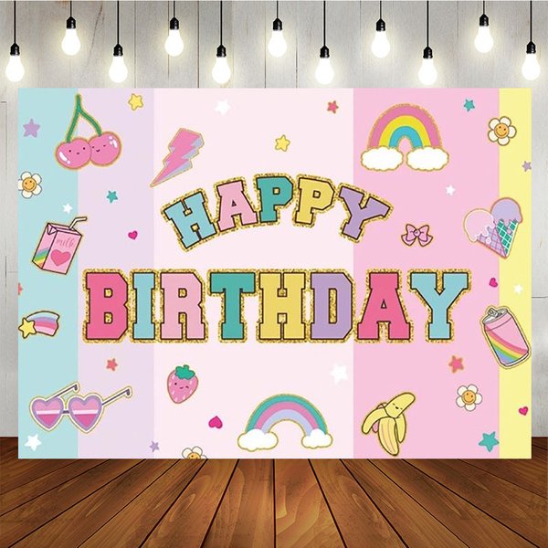 Aperturee Groovy Y2K Happy Birthday Backdrop, Pastel Retro with Rainbows and Cherries, 90s Themed Cute Party Photo Prop, 5x3ft (WxH)