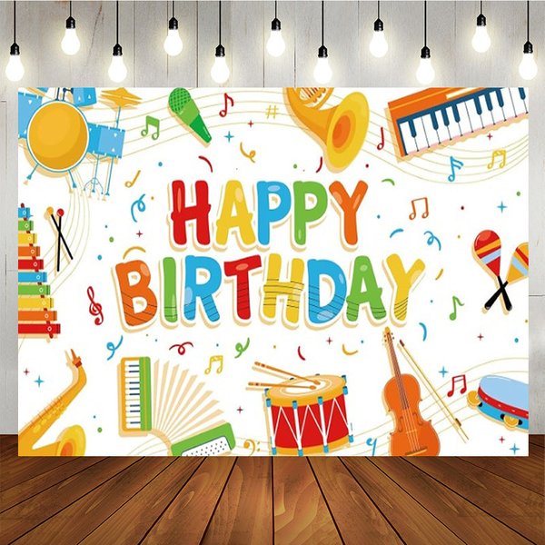 Aperturee Music Themed Happy Birthday Backdrop for Kids, Colorful Instruments with Notes, School Band Party Photo Prop Decor, 5x3ft (WxH)