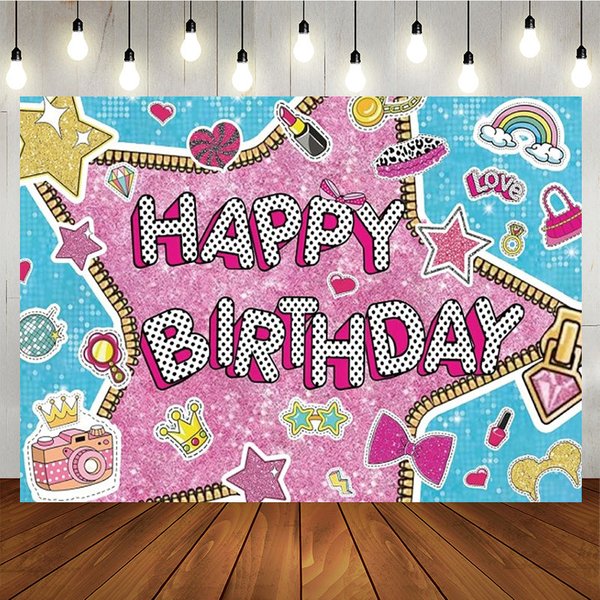 Aperturee Doll Surprise Themed Happy Birthday Backdrop, Pink Glam Pop Star Party Decor, Sticker Bomb Style Photo Booth Banner, 5x3ft (WxH)