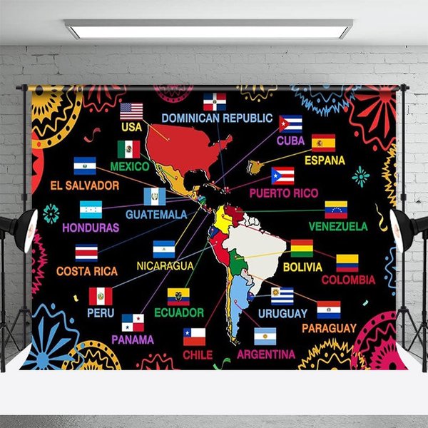 Aperturee Hispanic Heritage Month Backdrop with Map of Latin America, Flags of Latino Countries, Educational Fiesta Decor, 3x2ft (WxH), 14 USD, hisp