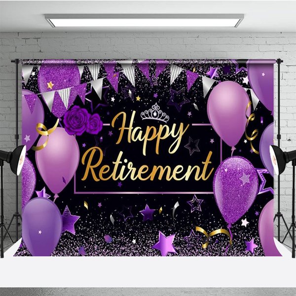 Aperturee Happy Retirement Backdrop for Women, Purple and Black with Balloons and Glitter, Elegant Farewell Party Decor, 3x2ft (WxH)