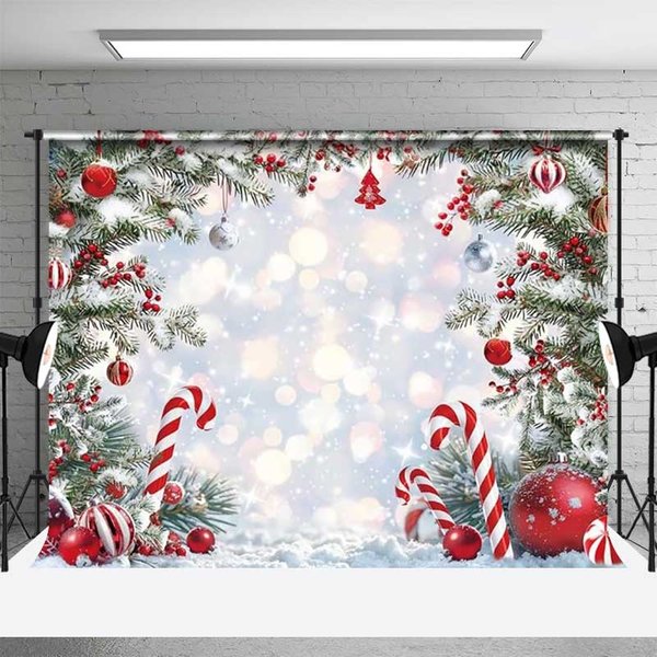 Aperturee Christmas Candy Cane Backdrop, Snowy Bokeh Background, Holiday Studio Props