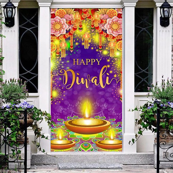 Aperturee Festive Purple Floral Lamp Happy Diwali Door Cover | Diy Front Door Decor Ideas | House Front Door Cover | Door Decoration Ideas For Home