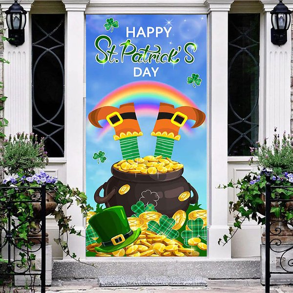 Aperturee Blue Sky Clover Gold Happy St Patricks Day Backdrop | Door Decorating Ideas | Door Decoration Ideas For Home | House Front Door Cover